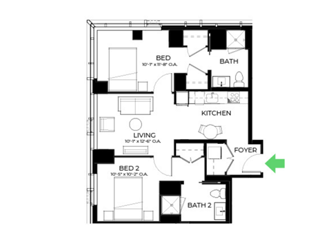 Floor plan for 2 beds, 1 bath, 838 sqft